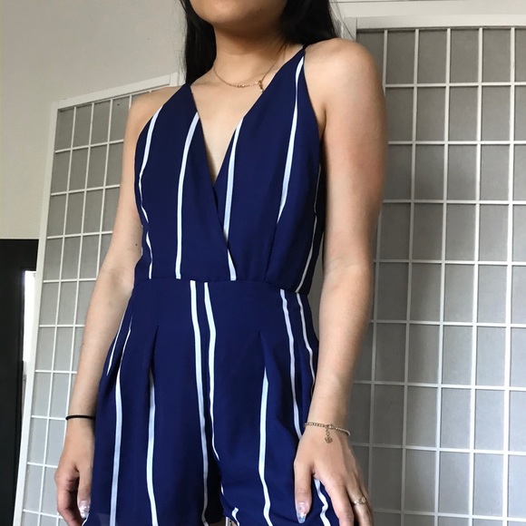 Striped Navy Blue Romper - Picture 2 of 3